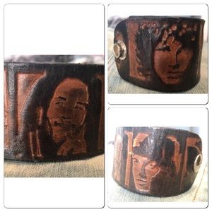 Vtg Tooled Leather Rock Band Cuff bracelet